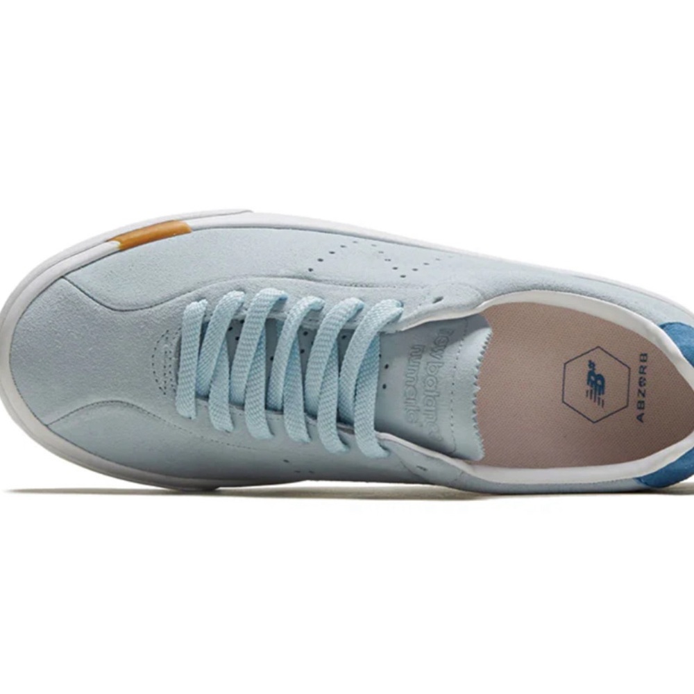 New Balance Light Blue Suede Sneakers with White Sole and Blue Heel